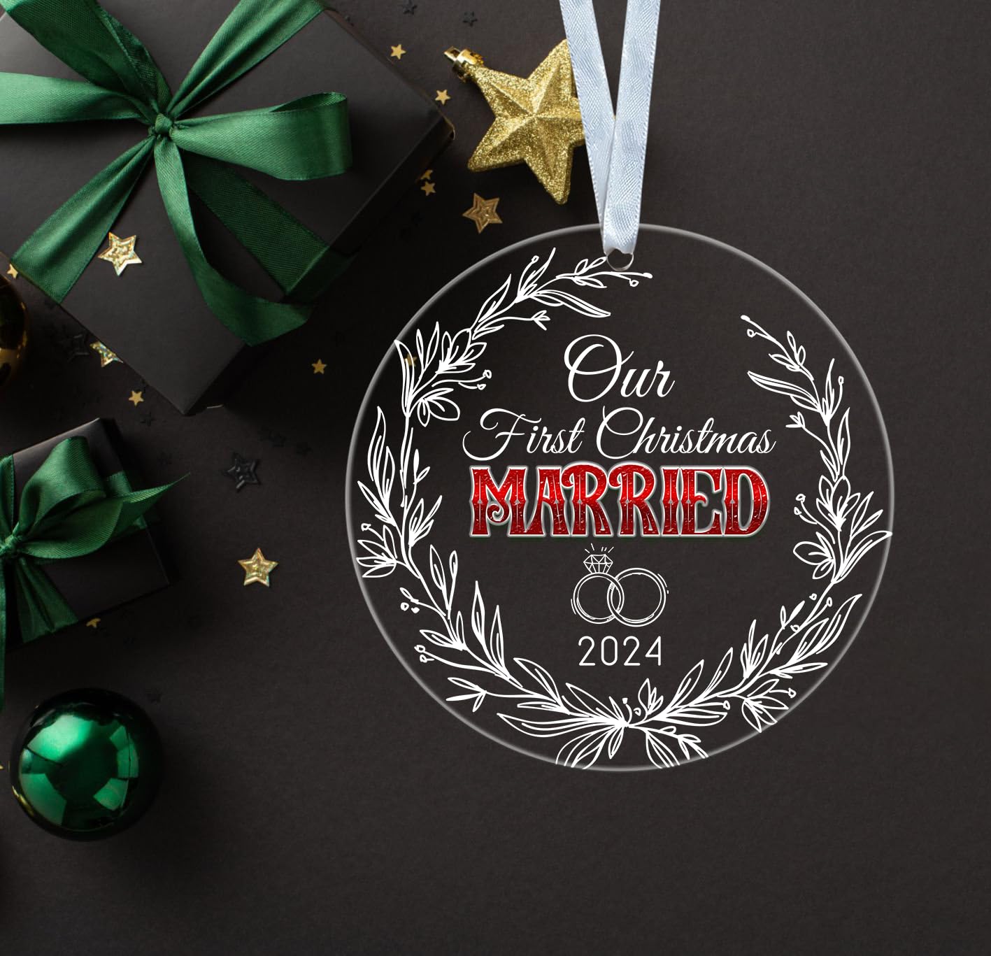 Frist Christmas Married 2024 Ornament - 1St Married Anniversary Ornament - 1 Years Hanging Acrylic Ornament - 1St Wedding Keepsake