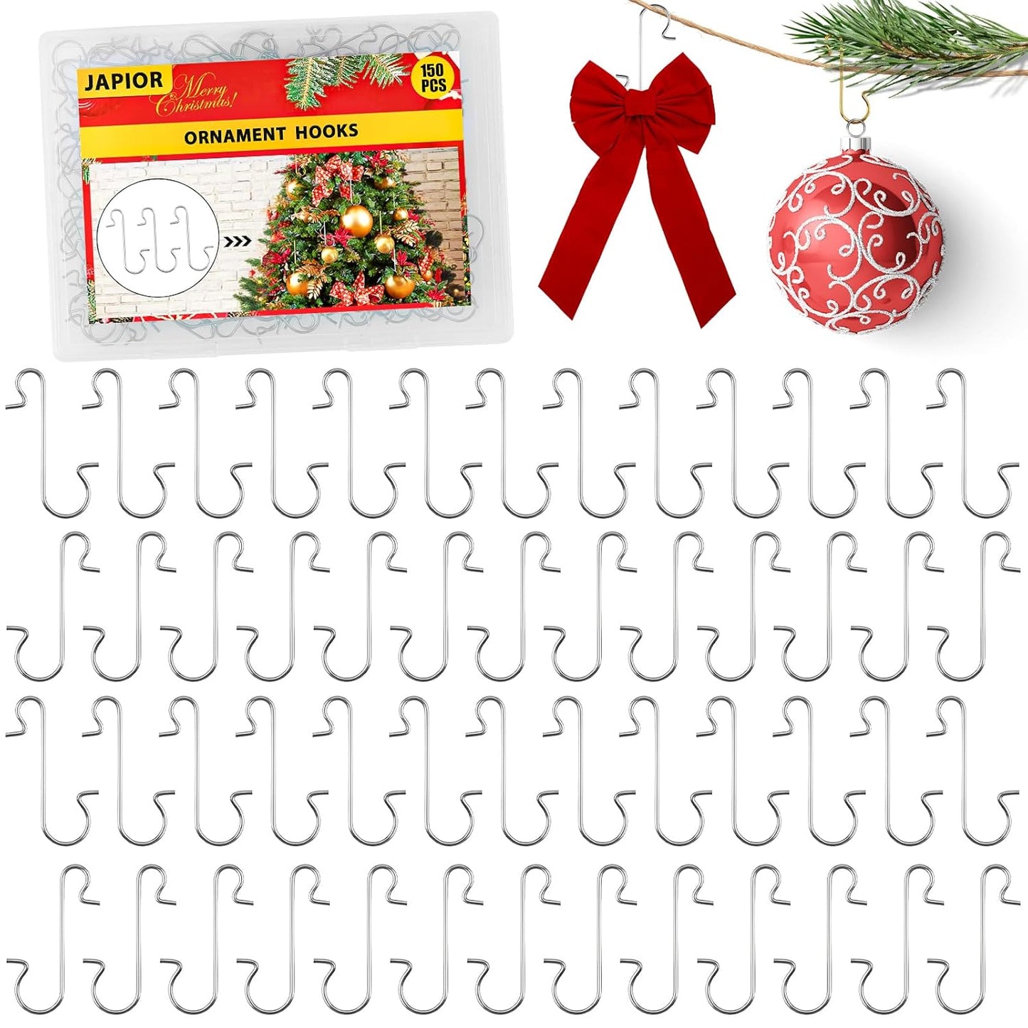 150 Pcs Ornament Hooks Christmas Ornament Hooks S-Shaped Ornament Hangers with Storage Box Christmas Tree Decorations Ornament Hangers Hooks-Festive Ornament for Christmas Tree Decorations(Sliver)