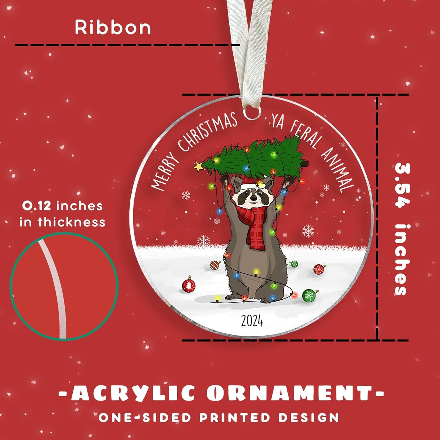 Raccoon Christmas Ornament 2024 - Raccoon Christmas Ornaments, Animal Ornaments for Tree - Animal Gifts for Family, Friends, Coworker - Acrylic Ornament 2024