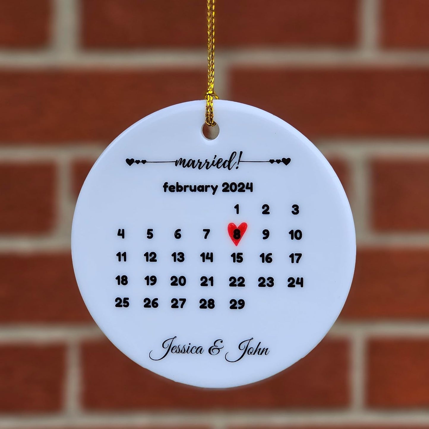 Generic Personalized Wedding & Anniversary Ornament Keepsake for Married Couples, White, ORNCB-RND-calmarried-1