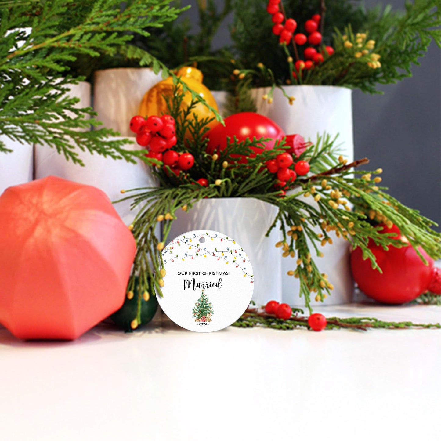 Wedding Gifts-Wedding Gifts for Couples 2024,First Christmas Married Ornament Keepsake Newlywed Keepsake Gift,Christmas Tree Decorations Hanging Ornament Flat Circle Ceramic Ornament 3In