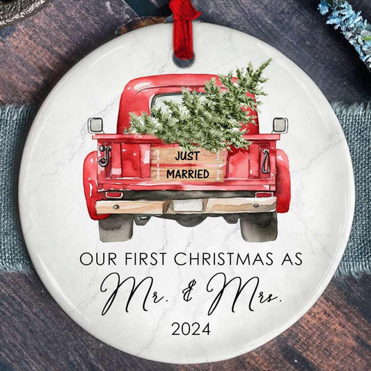 Wedding Gifts for Couples 2024 - First Christmas Married Ornament, Just Married Ornaments, Mr & Mrs Gift Ideas for Newlywed, Bridal Shower Bride Presents, 1st Xmas Married Ceramic Ornament w/Gift Bag
