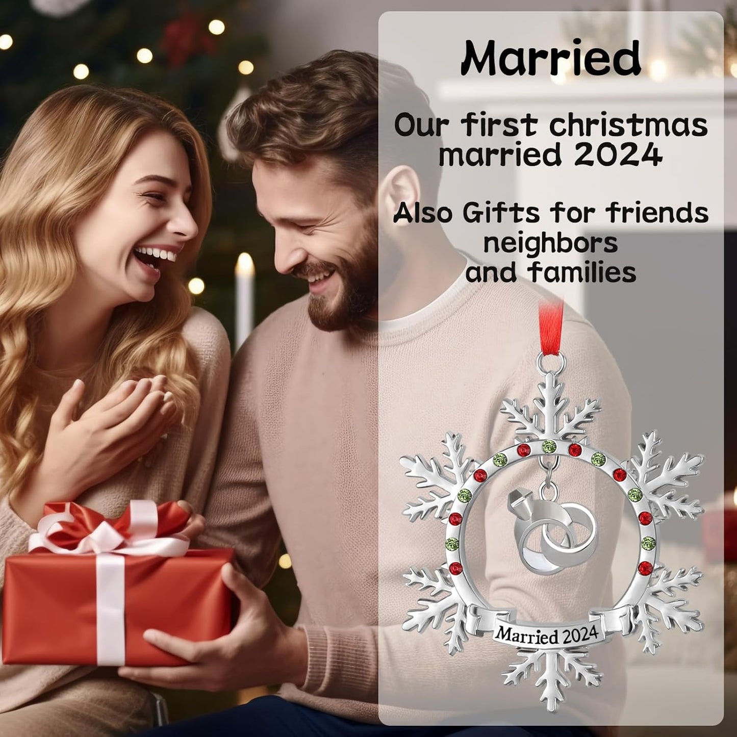 Our First Christmas Married 2024 Ornament Silver Married Gift for Couples Metal Christmas Snowflake with Hanging Ring Ornament Funny Holiday Xmas Keepsake Pendant Decoration