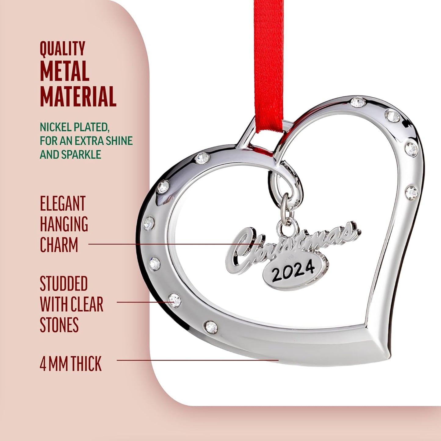 Klikel Christmas Ornament 2024 - Silver Heart 2024 Christmas Ornament - Christmas Ornament Heart with Crystals - Beautiful Christmas Ornament - Dated Ornament 2024-2024 Ornament for Christmas Tree