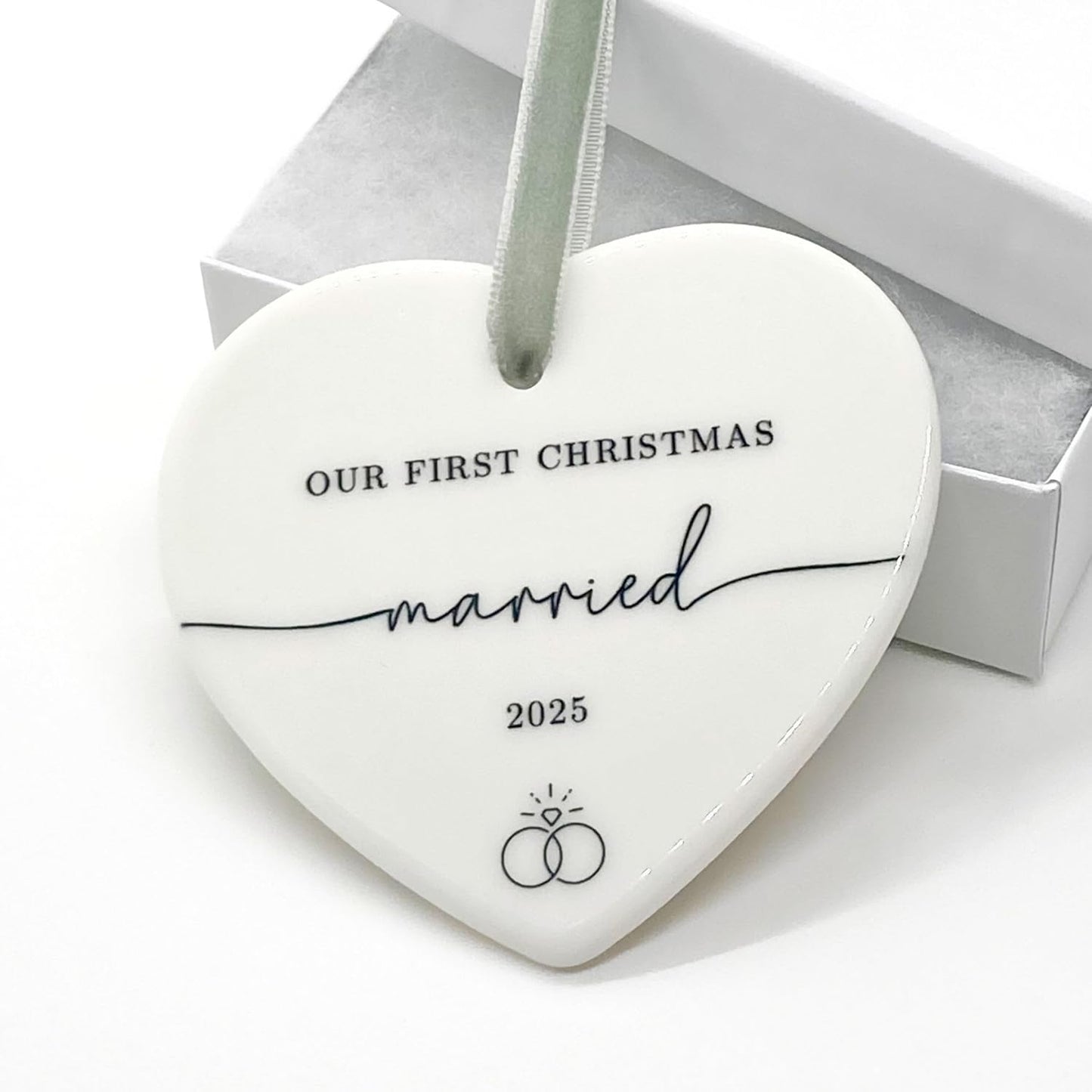 First Christmas Married Ornament 2025 - Affordable Wedding Gifts for Couples Bridal Shower Gift for Bride to Be, Ceramic Heart Just Married Ornaments 1st Xmas Newlywed Keepsake