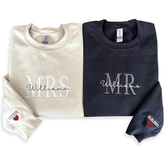Custom Embroidered Mr & Mrs Sweatshirt & Hoodie, Personalized Couple Names, Custom Anniversary Date On Sleeve With Heart, Gifts For Wife, Husband, Gift For Anniversary, Couple Gifts