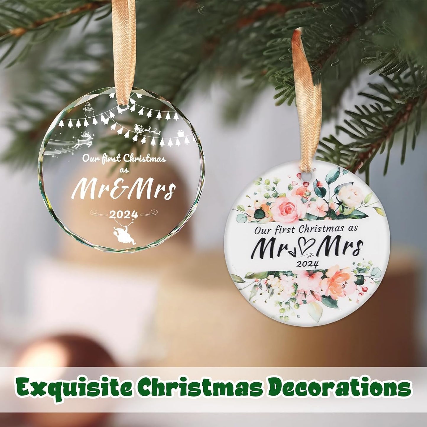 Hi.FANCY First Christmas Married Ornaments, Wedding Gifts for Couple 2024, Our First Christmas as Mr Mrs Ornament, Wedding Ornament Crystal Glass for Newlywed(with Gift Box)