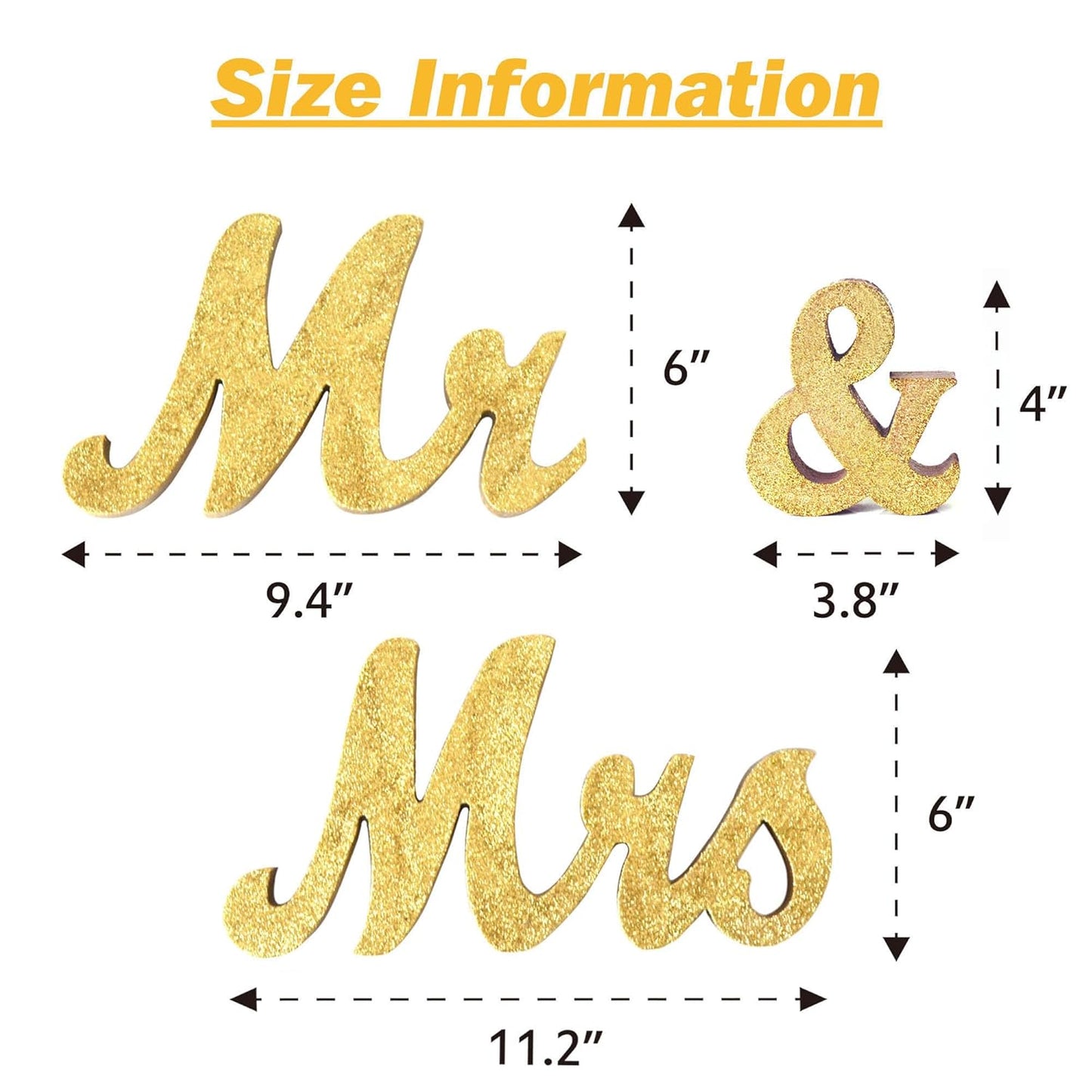 Mr and Mrs Tabletop Wedding Decoration - Wooden Freestanding Letters for Photo Props - Golden Glitter Decor Gift for Bridal Shower Anniversary Party