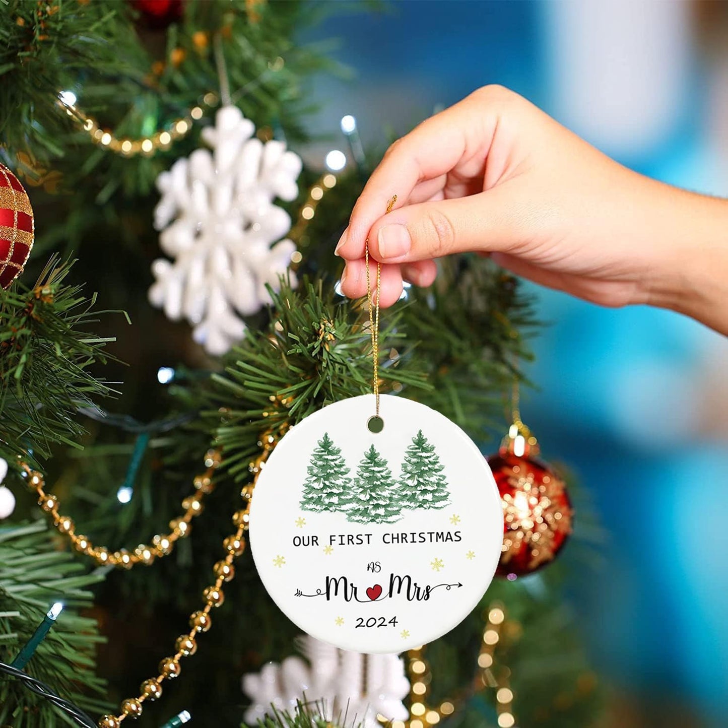 Our First Christmas Married Ornament 2023,Just Married Christmas Ornament as Mr and Mrs, First Year Newlywed 2.9" Ceramic Round Ornament, Wedding Decoration for Couple Married