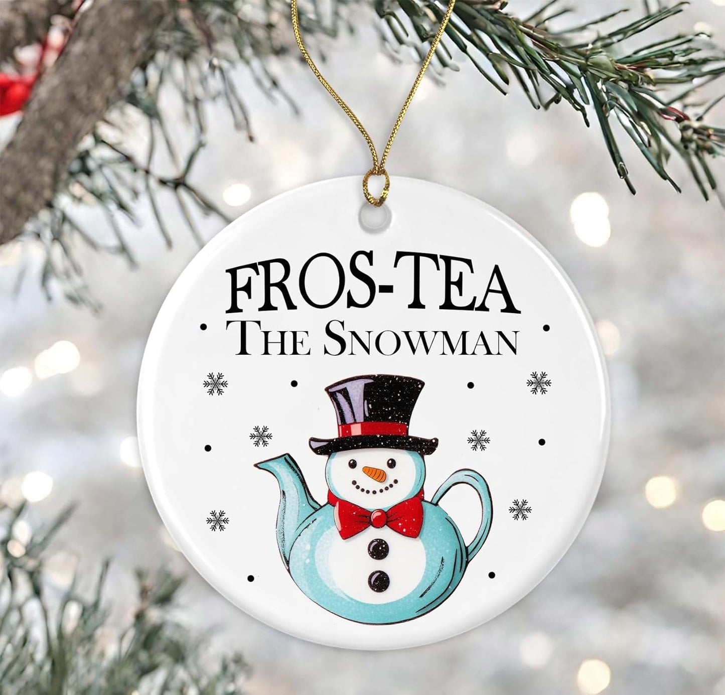 Fros-Tea The Snowman Ornament, Cute Teapot Snowman Ornament, Tea Collection Christmas Ornament, Tea Lover Gift Ornament, Tea Time Ornament, Teapot Christmas Ornament Printed on Both Sides