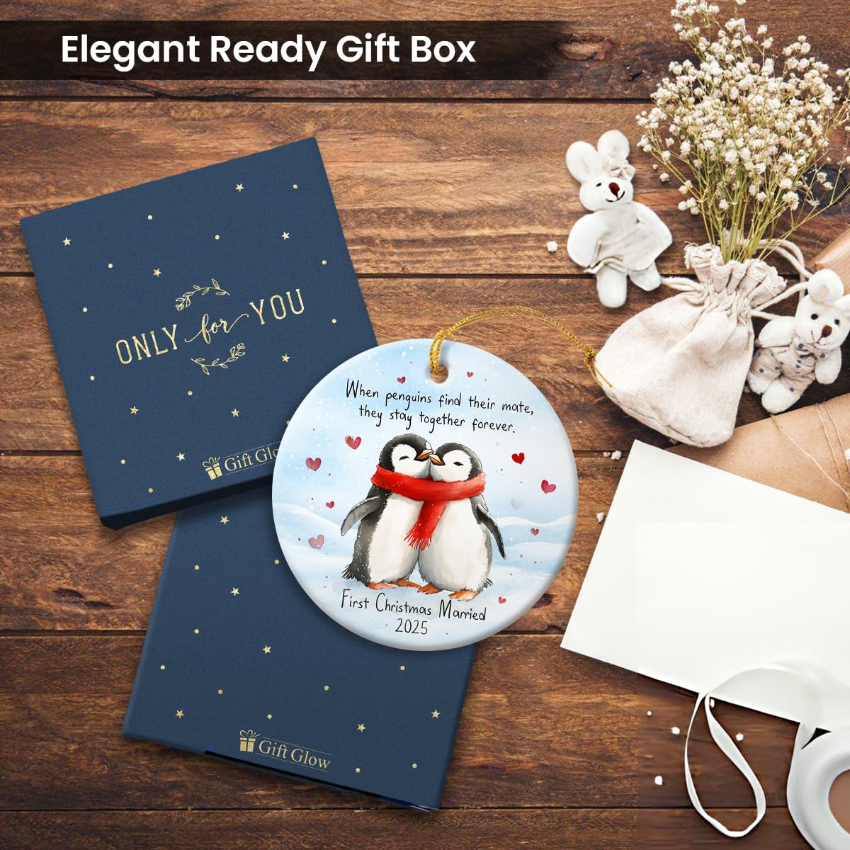 First Christmas Married Ornament 2025 - Wedding Gifts for Newlyweds, Double Sided Ceramic Ornament for Christmas Tree Decorations, Gifts for Newly Engaged Couples, Gift for Bride