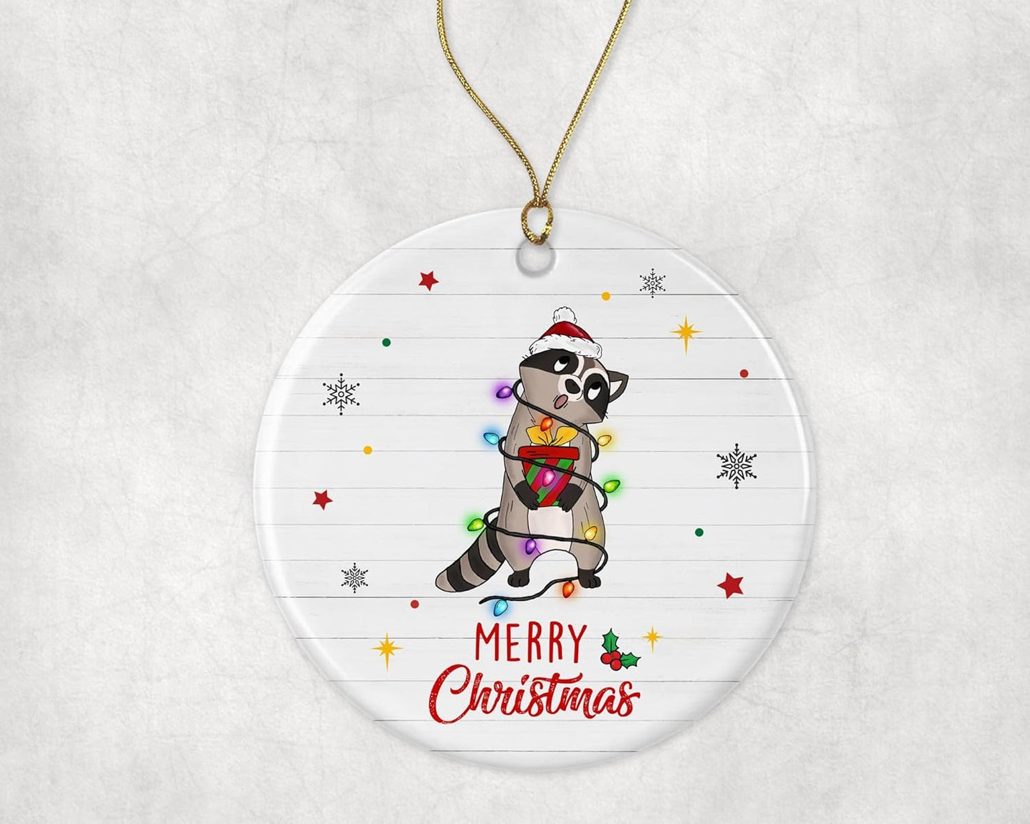 Merry Christmas Raccoon Ornament, 2023 Christmas Ornament, Raccoon Christmas Light Ornament, Kids Christmas Ornament, Animal Christmas Ornament Printed on Both Sides