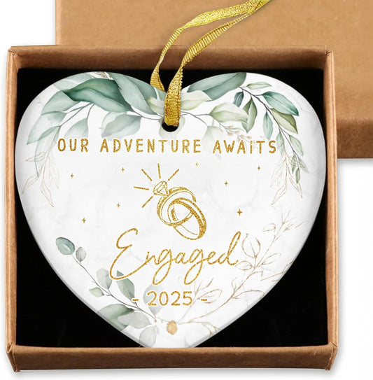 Ceramic Heart Ornament - Our Adventure Awaits Engaged 2025 - Wedding, Engagement Gifts for Couple 2025 - Gift for Newly Engaged Couple, Bride, Groom