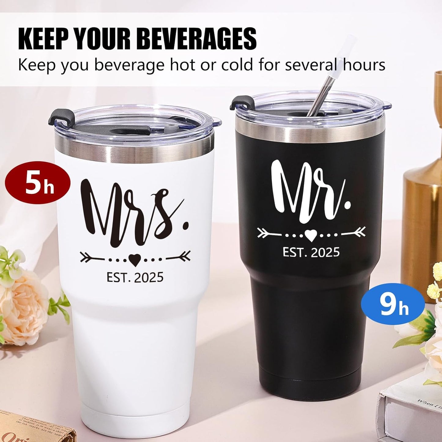 Gtmileo Mr and Mrs Gifts, Mr and Mrs EST 2025 Stainless Steel Insulated Tumbler Set, Wedding Gifts for Couples Bride To Be, Mr and Mrs Cups, Bridal Shower Gifts Wedding Registry(30oz, Black&White)