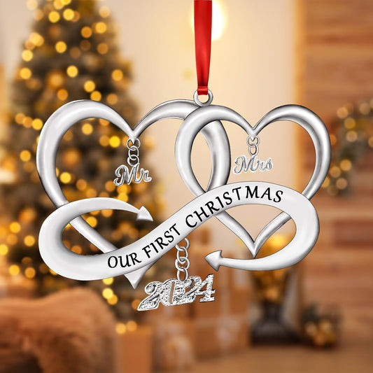 Our First Christmas as Mr & Mrs Ornament 2024 Christmas Decoration, Married 2024 Ornament 1st Year Wedding Gifts Metal with Gift Box, Bridal Shower Gift for Newlywed Couple Christmas Tree Wedding Orna