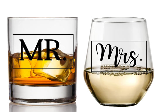 COOL AF Mr and Mrs Whiskey and Wine Glass Gift Set - Wedding & Engagement Gift for Couples and Newlyweds - Husband and Wife