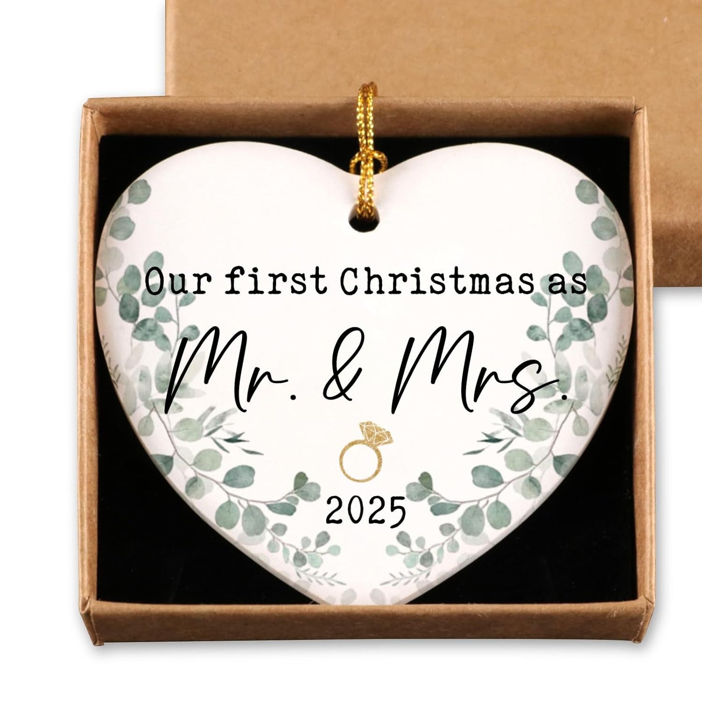 First Christmas Married Ornament 2025 Mr and Mrs Gifts Just Married Ornaments Wedding Registry Ideas Gifts for Newly Couples Christmas Ceramic Heart Ornament