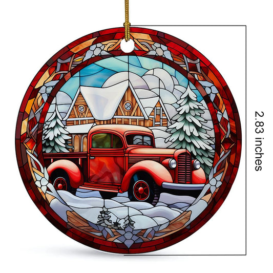Red Truck Farmhouse Ornament, Stained Ceramic Christmas Ornament, Red Vintage Truck Ornament, Stained Glass Themed Ceramic Christmas Ornament