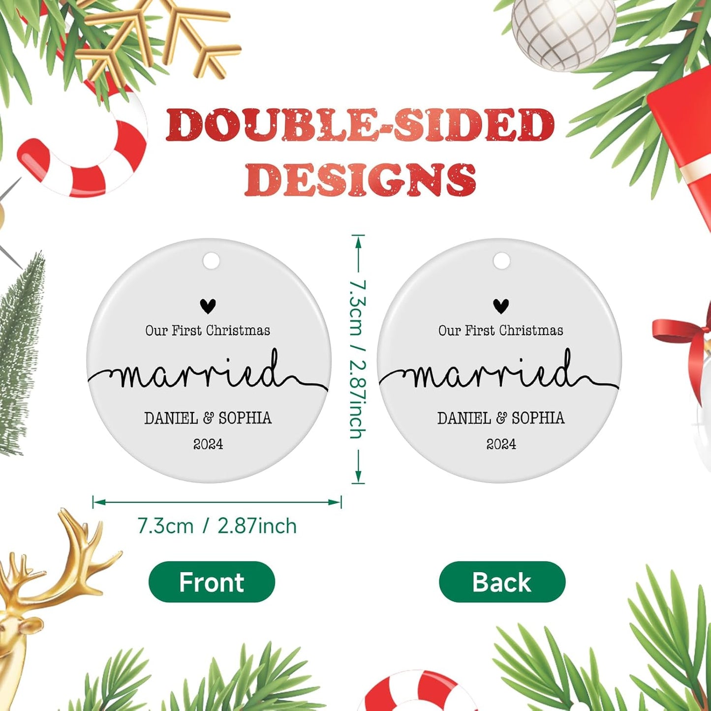 Personalized First Christmas Married Ornament, Custom Engagement 2024, Wedding Gifts for Couples Newlywed, Bridal Shower Gifts, First Christmas Engaged