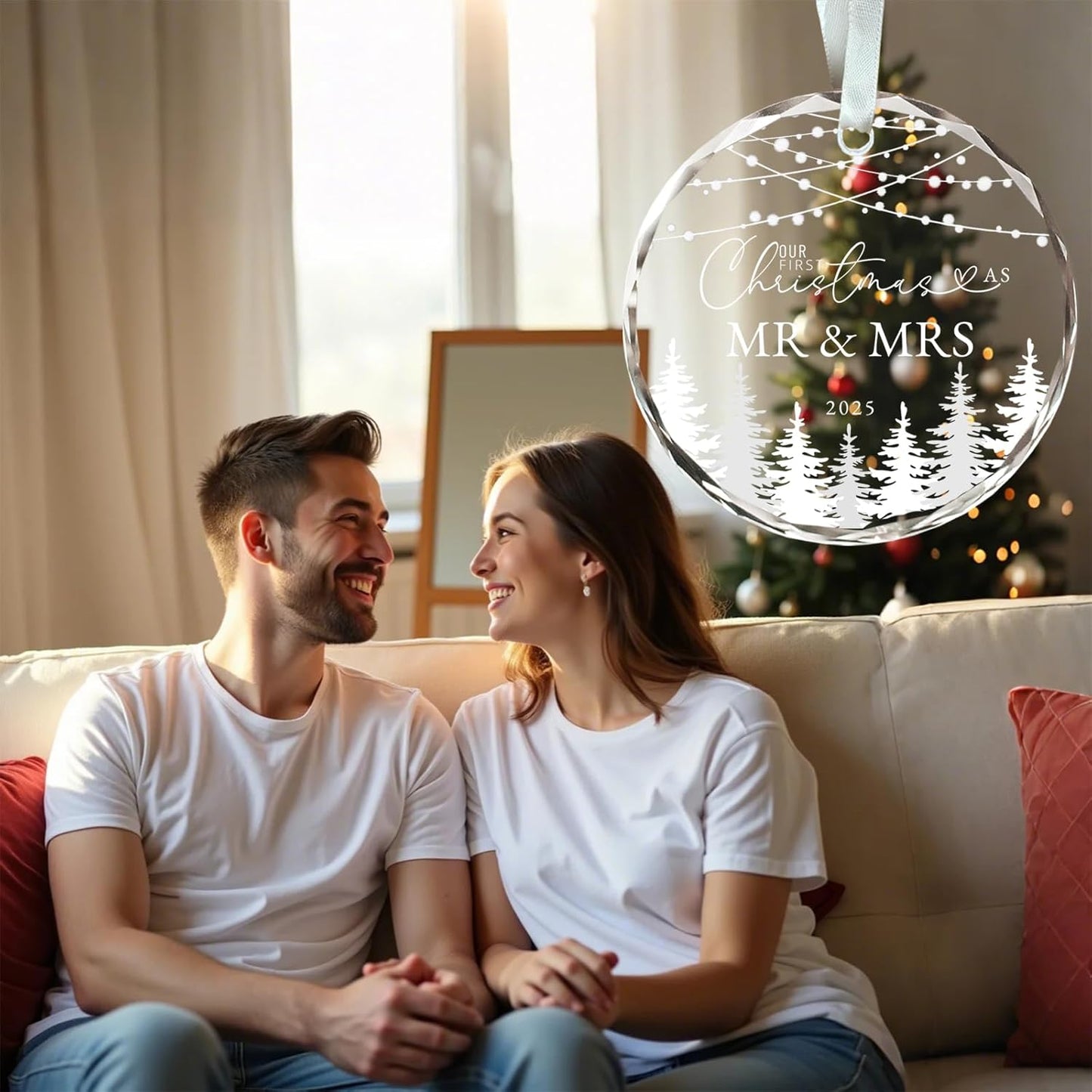 Just Married Gifts First Christmas Married Ornament 2025, Mr and Mrs Gifts for Couples, Glass Keepsake Wedding Christmas Ornament 2025 with Ribbon and Box