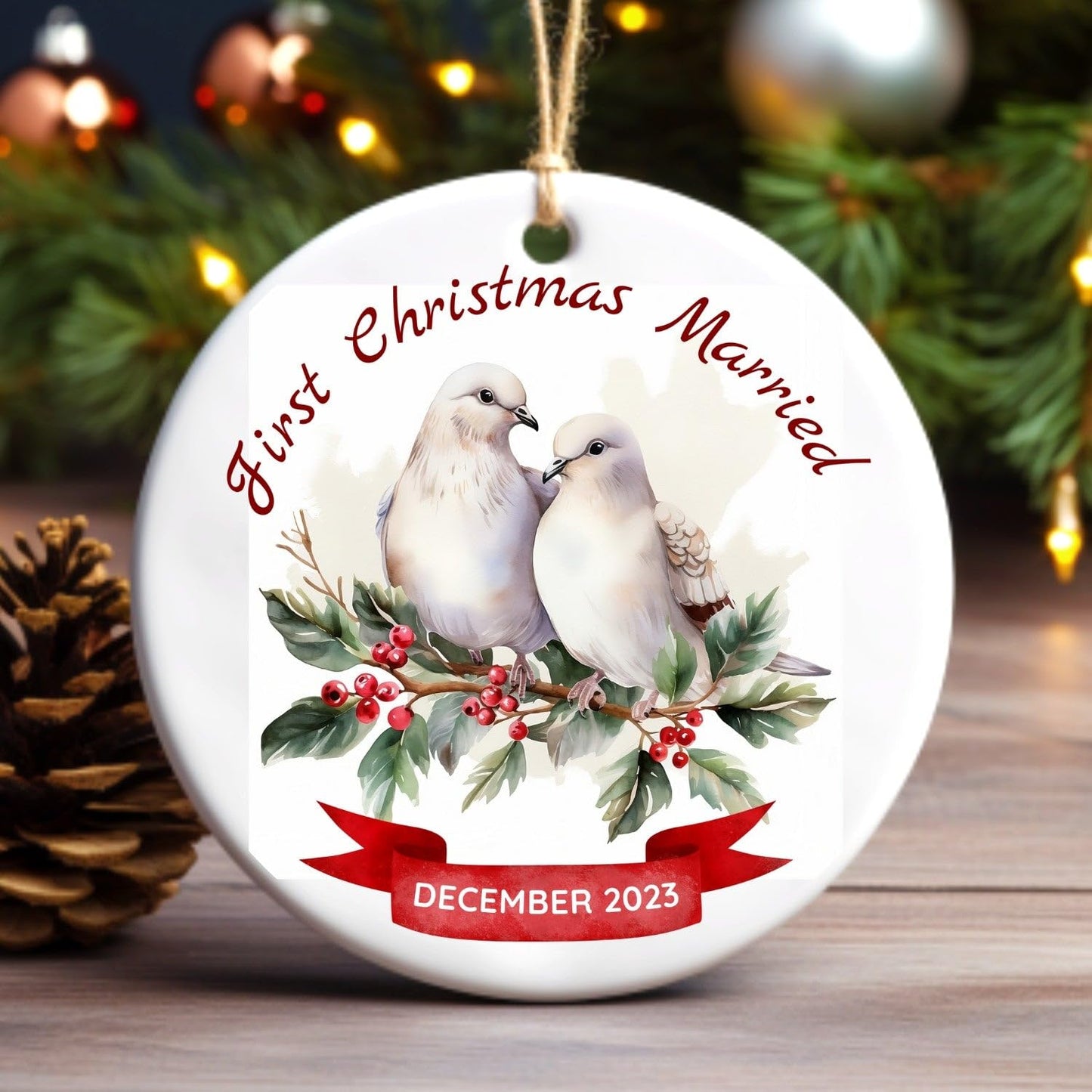 First Christmas Married Ornament, 2024 Keepsake Holiday Ornament, Love Birds for Mr. and Mrs. Newlywed