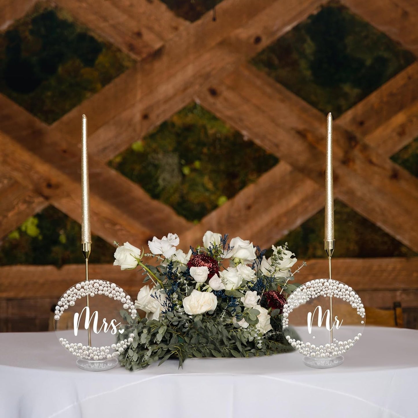 2 Pcs Mr and Mrs Sign for Wedding Table Decorations 6 Inch Acrylic Mr & Mrs Signs Pearl Sparkly Bride Groom Wedding Stuff Centerpieces for Reception Engagement Party Head Table(Round)