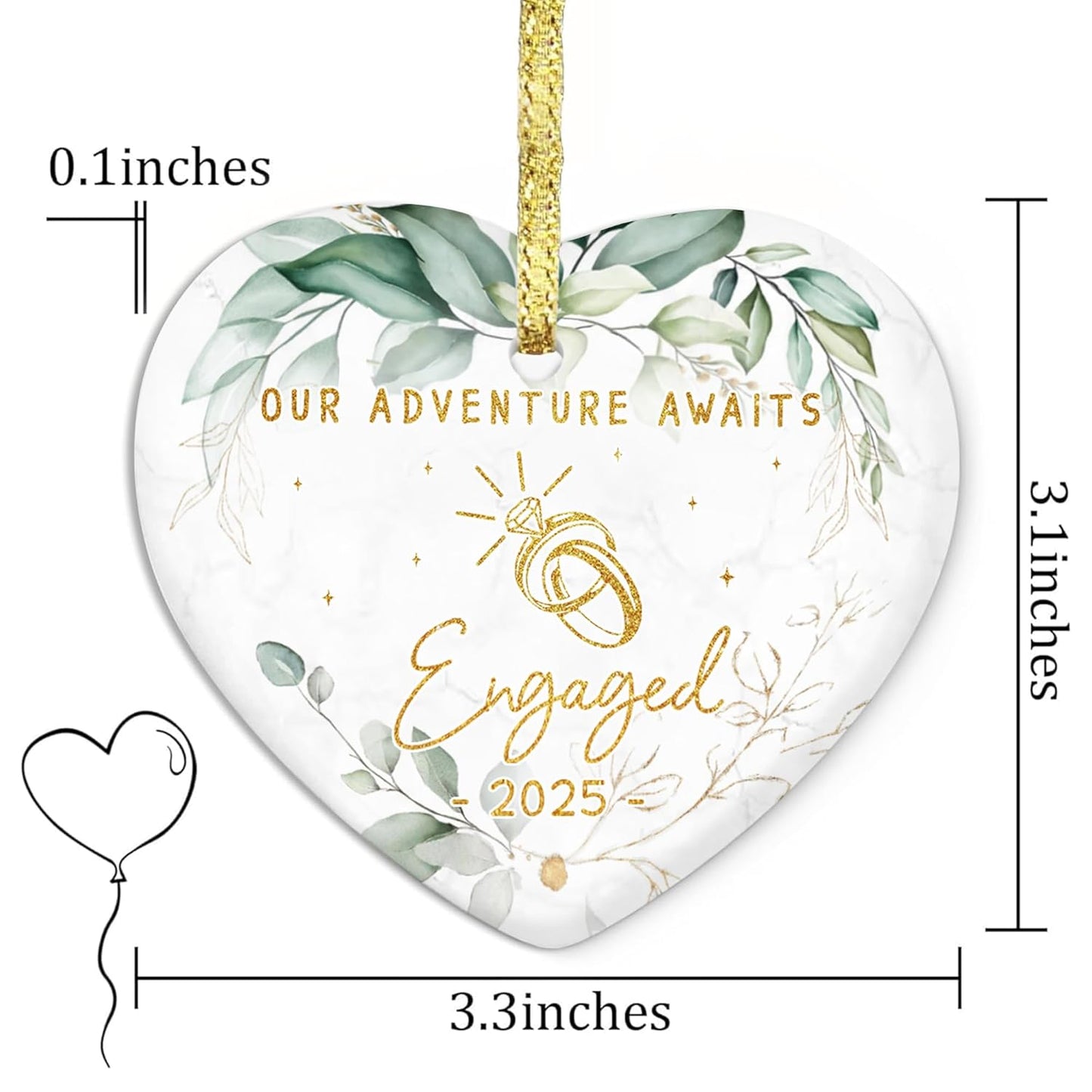 Ceramic Heart Ornament - Our Adventure Awaits Engaged 2025 - Wedding, Engagement Gifts for Couple 2025 - Gift for Newly Engaged Couple, Bride, Groom