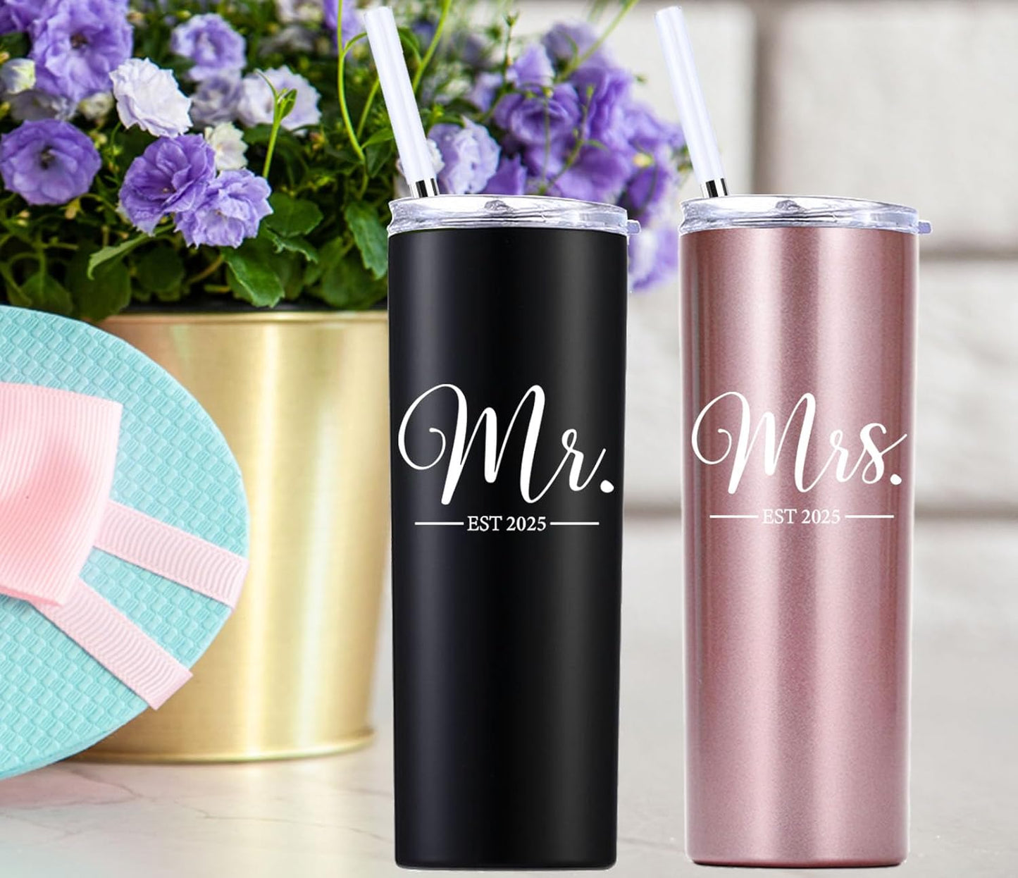 Mr and Mrs Est 2025 20 OZ Skinny Tumbler.Engagement Wedding Wife Husband Bride Groom Couple Gifts.Newlyweds Anniversary Bride To Be Newly Engaged Bridal Shower Gifts.(Black&Rose Gold)