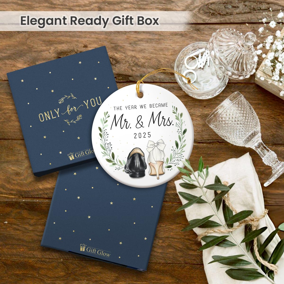 First Christmas Married Ornament 2025 - Engagement Gifts for Couples, Double Sided Ceramic Mr and Mrs Ornaments as Bridal Gift for Bride, Groom, Unique Wedding Gifts for Newlyweds Friends