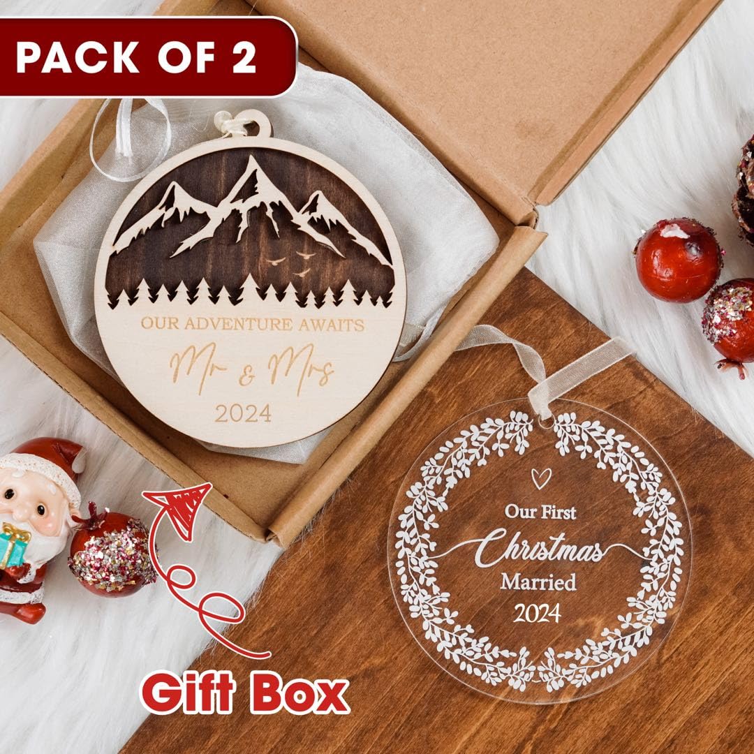 Pack of 2 Our First Christmas Married 2024, Adventure Awaits Mr Mrs Ornament, 1st Just Married Newlywed, Wedding Gifts for Couples Bridal Shower, Christmas Tree Hanging Decorations