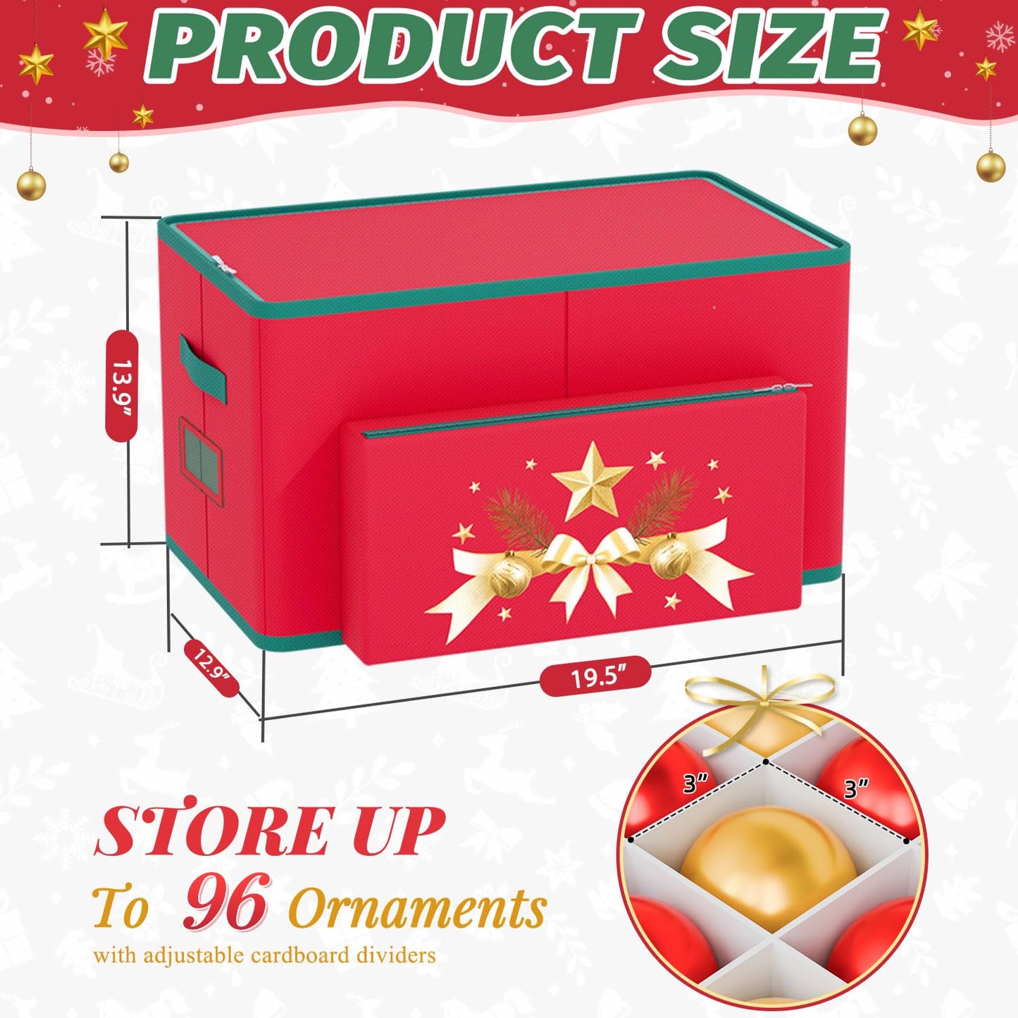 Christmas Ornament Storage Box With Adjustable Dividers Stores Up To 96-3" Holiday Ornament Christmas Ornament Storage Containers Large Ornament Box For Christmas Ornament Organizer Storage Box