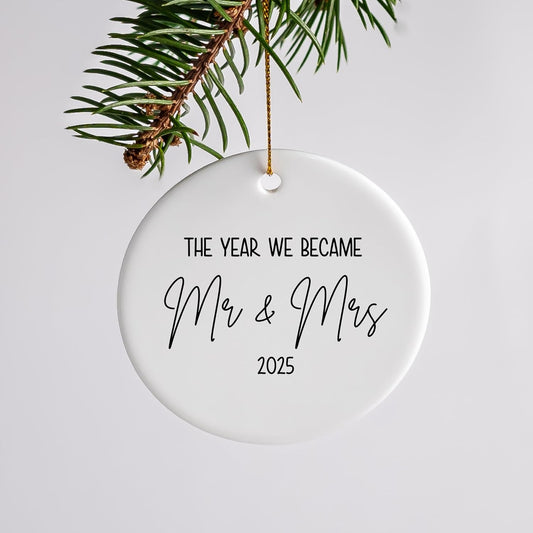 2025 First Year Married Christmas Ornament – The Year We Became Mr and Mrs – Wedding Gift Keepsake – 2.75” Ceramic Ornament with Gift Box – Made in USA