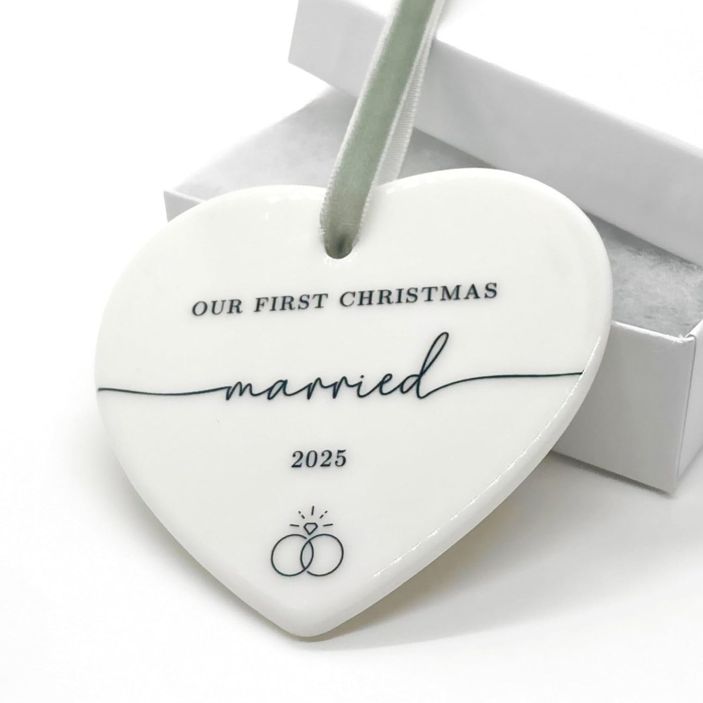 First Christmas Married Ornament 2025 - Affordable Wedding Gifts for Couples Bridal Shower Gift for Bride to Be, Ceramic Heart Just Married Ornaments 1st Xmas Newlywed Keepsake