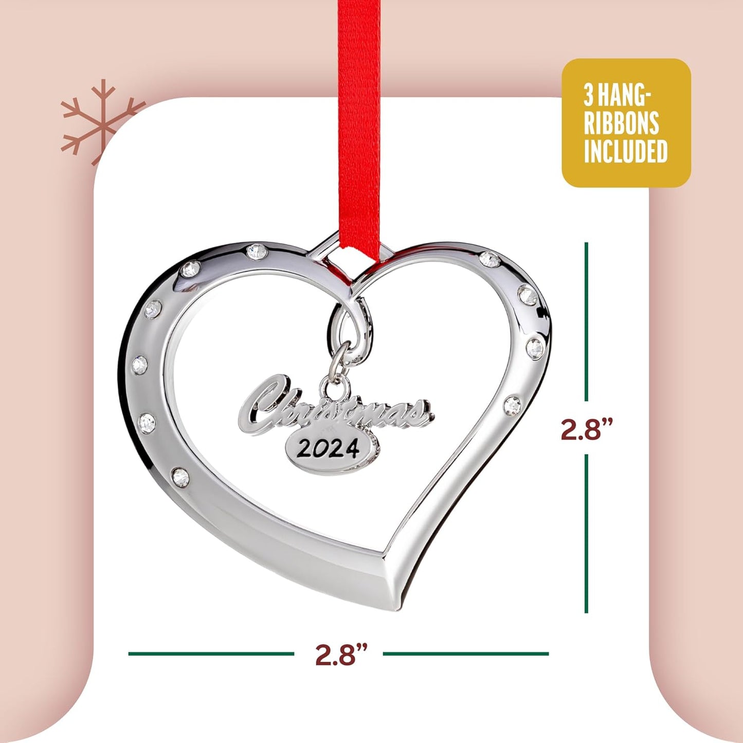 Klikel Christmas Ornament 2024 - Silver Heart 2024 Christmas Ornament - Christmas Ornament Heart with Crystals - Beautiful Christmas Ornament - Dated Ornament 2024-2024 Ornament for Christmas Tree