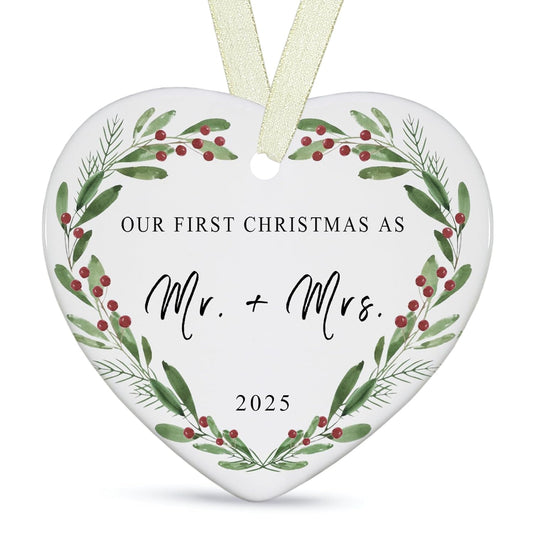 First Christmas as Mr and Mrs Ornament 2025 Heart-Shaped,1st Year Wedding Ornament for Newlywed,Our First Married Christmas,Hanging Decoration for Couples Just Married Ceramic(3.9 * 3.9 in)