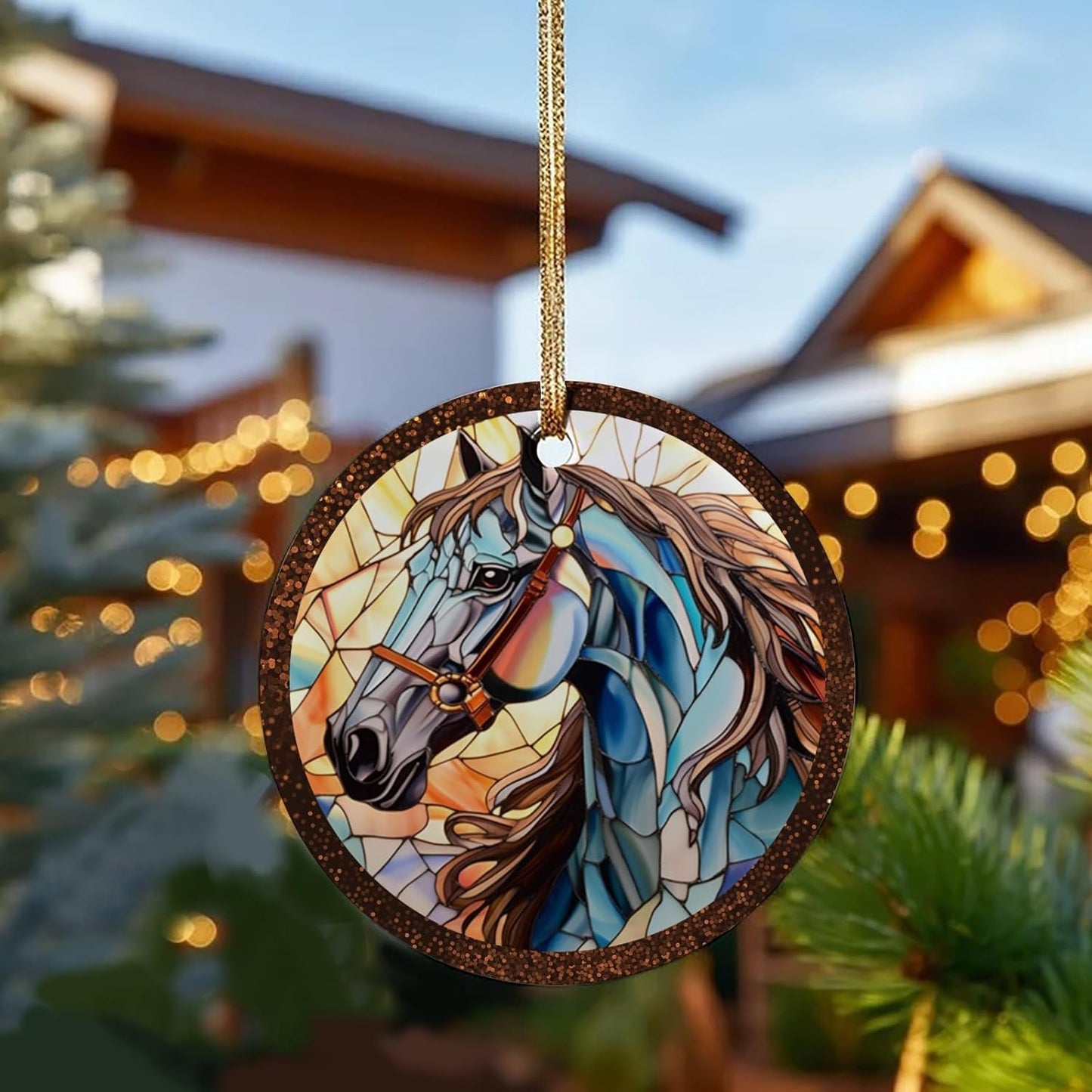 Horse Ornament,Horse Christmas Ornament,Horse Round Ceramic Ornament,Hanging Ornament for Christmas Tree,Office Room Home Decor,Retirement Birthday Holiday Ornament Gifts for Women Men
