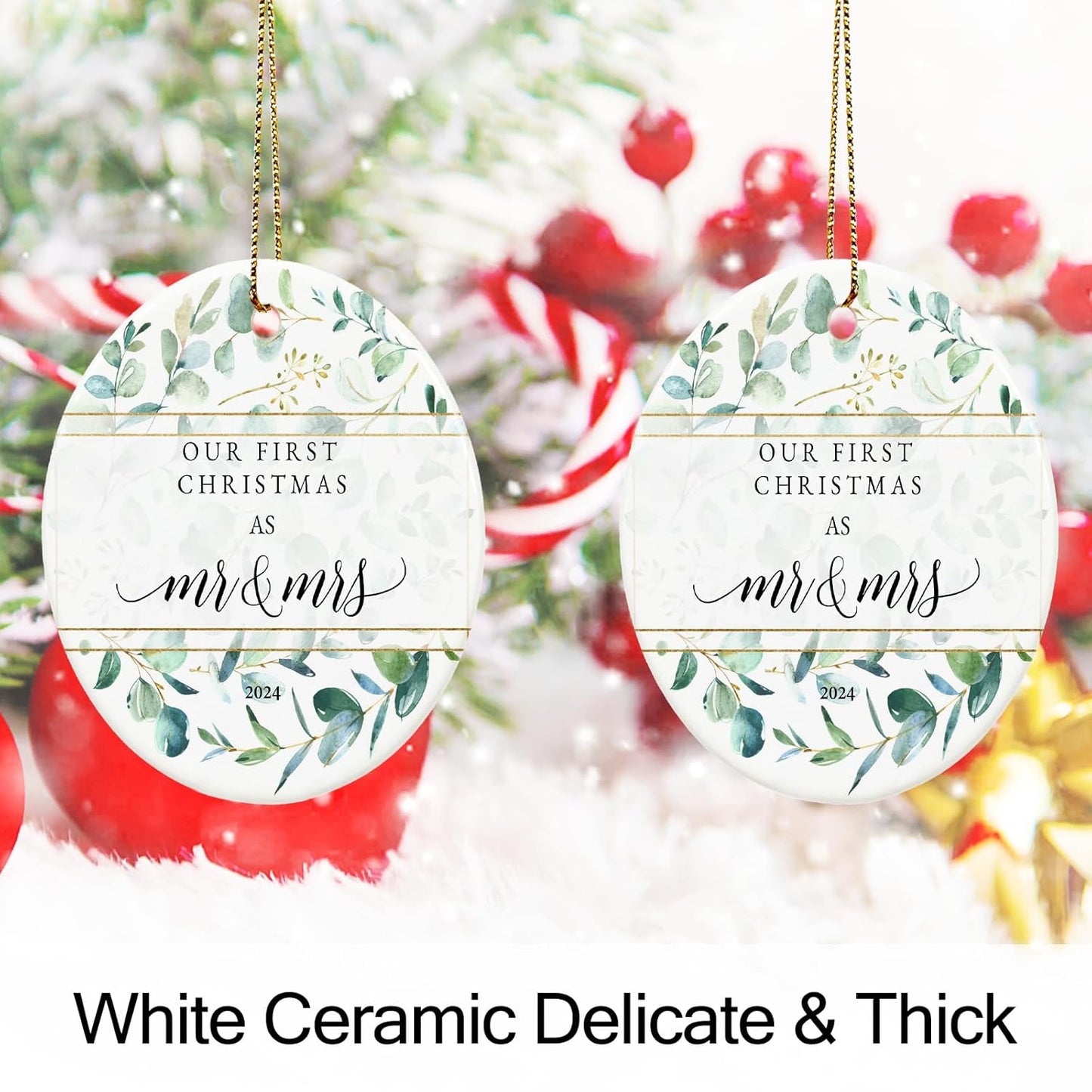 First Christmas Married Ornament 2024, Our First Christmas as Mr and Mrs Gifts, Just Married Gifts, 2.9" Ceramic Newlyweds Christmas Ornament 2024