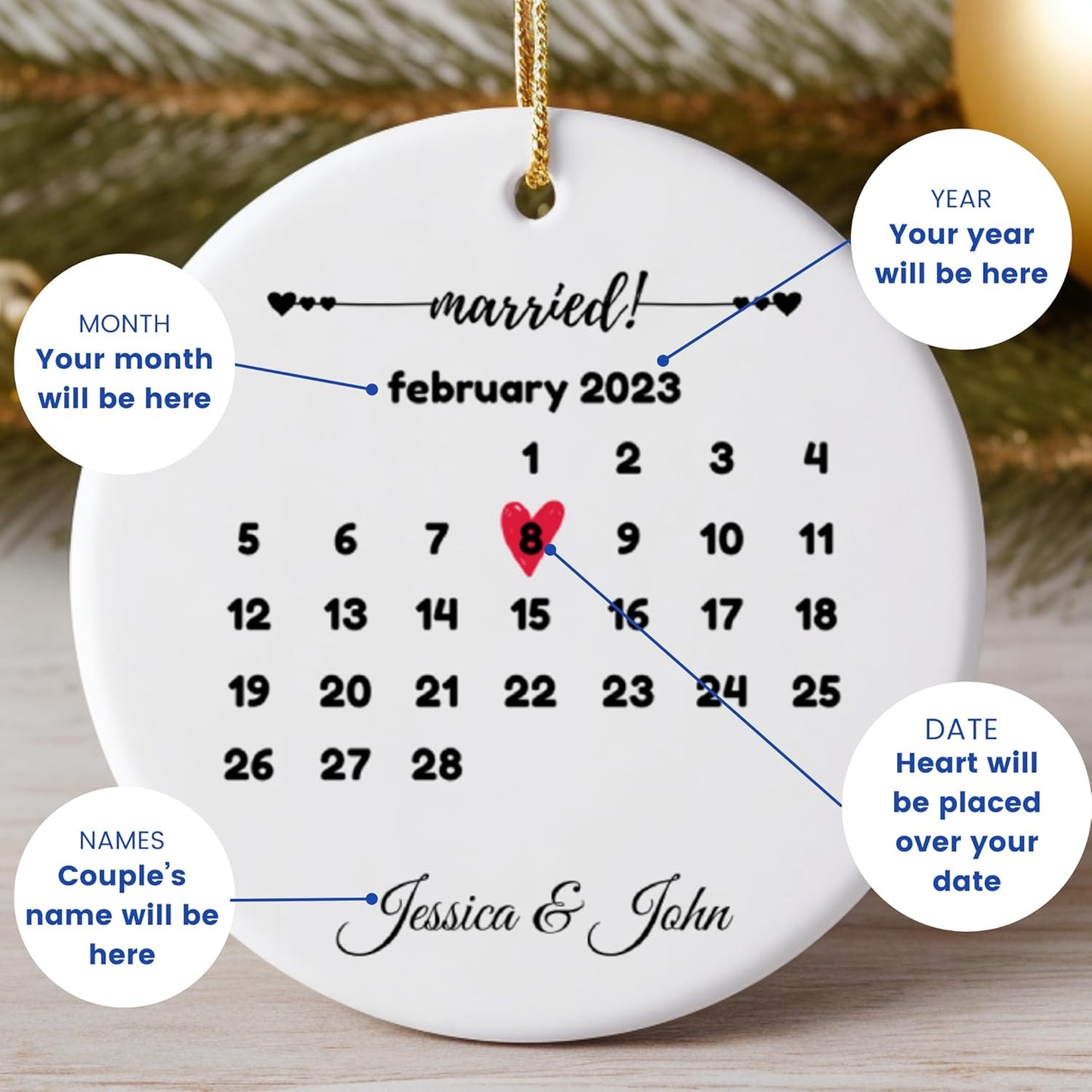 Generic Personalized Wedding & Anniversary Ornament Keepsake for Married Couples, White, ORNCB-RND-calmarried-1