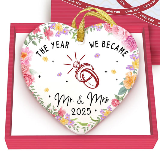 Ceramic Wedding Ornament 2025 - The Year We Became Mr Mrs - Newlywed, Just Married Gift for Couple - First Christmas Wedding Gift for Newlyweds, Bride, Groom - Bridal Shower Xmas Decoration