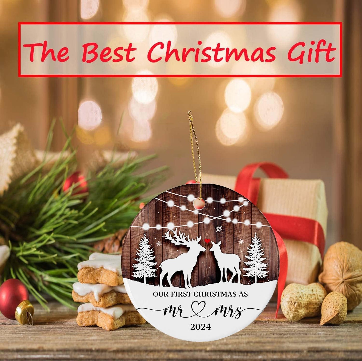 Our First Christmas Ornament 2024, Just Married as Mr & Mrs, First Year Newlywed 2.9" Ceramic Round Ornament, Wedding Decoration for Couple