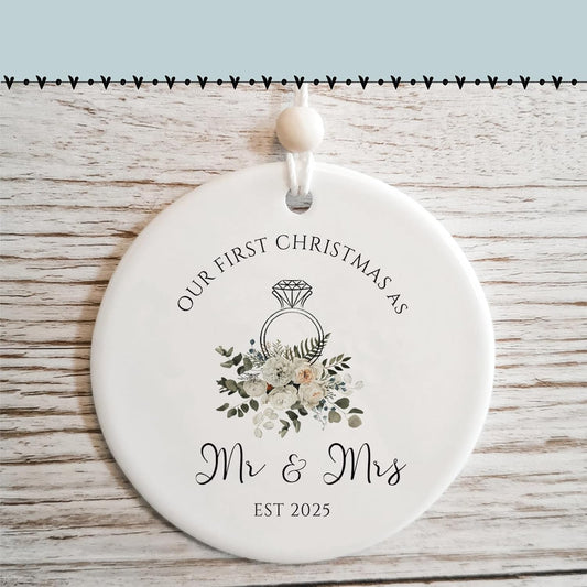 Our First Christmas Just Married Ornament Year 2025, Newly Wedding Gift for Couple Unique, 1st Xmas as Mr and Mrs Ornaments, Newlywed Marriage Gift, Bridal Shower Gift for Bride to be
