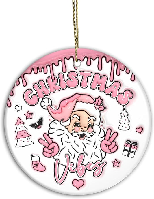 3D Effect Christmas Ornament 2024 | Christmas Vibes Cute Santa 3D Christmas Ornament, Funny Ornament, Christmas Tree with Pink Ornament (Christmas Vibes)