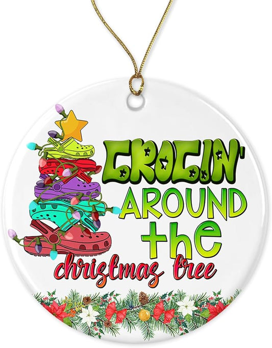 Crocin Around The Christmas Tree Ornament - Christmas Tree Ornament - Round Ceramic Ornament - Ornament for Croc Lovers Friends Printed on One Side