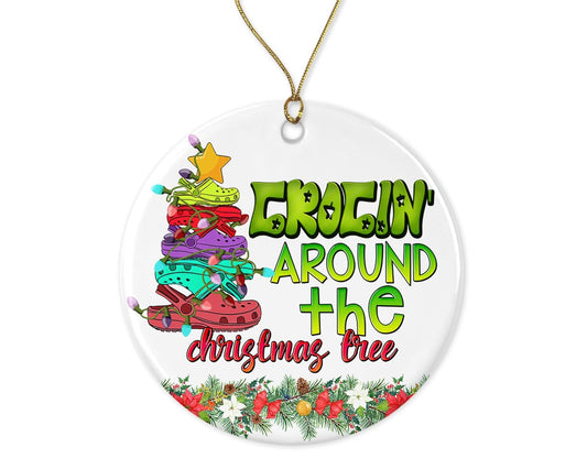 Crocin Around The Christmas Tree Ornament - Christmas Tree Ornament - Round Ceramic Ornament - Ornament for Croc Lovers Friends Printed on Both Sides