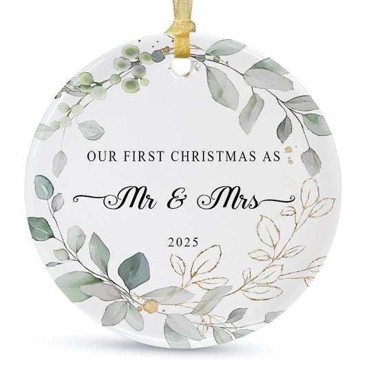 Our First Christmas Married Ornament 2025,Wedding Gifts for Couples Unique Decoration,First Year Newlywed Mr and Mrs Hanging 2.9" Ceramic Round Ornament