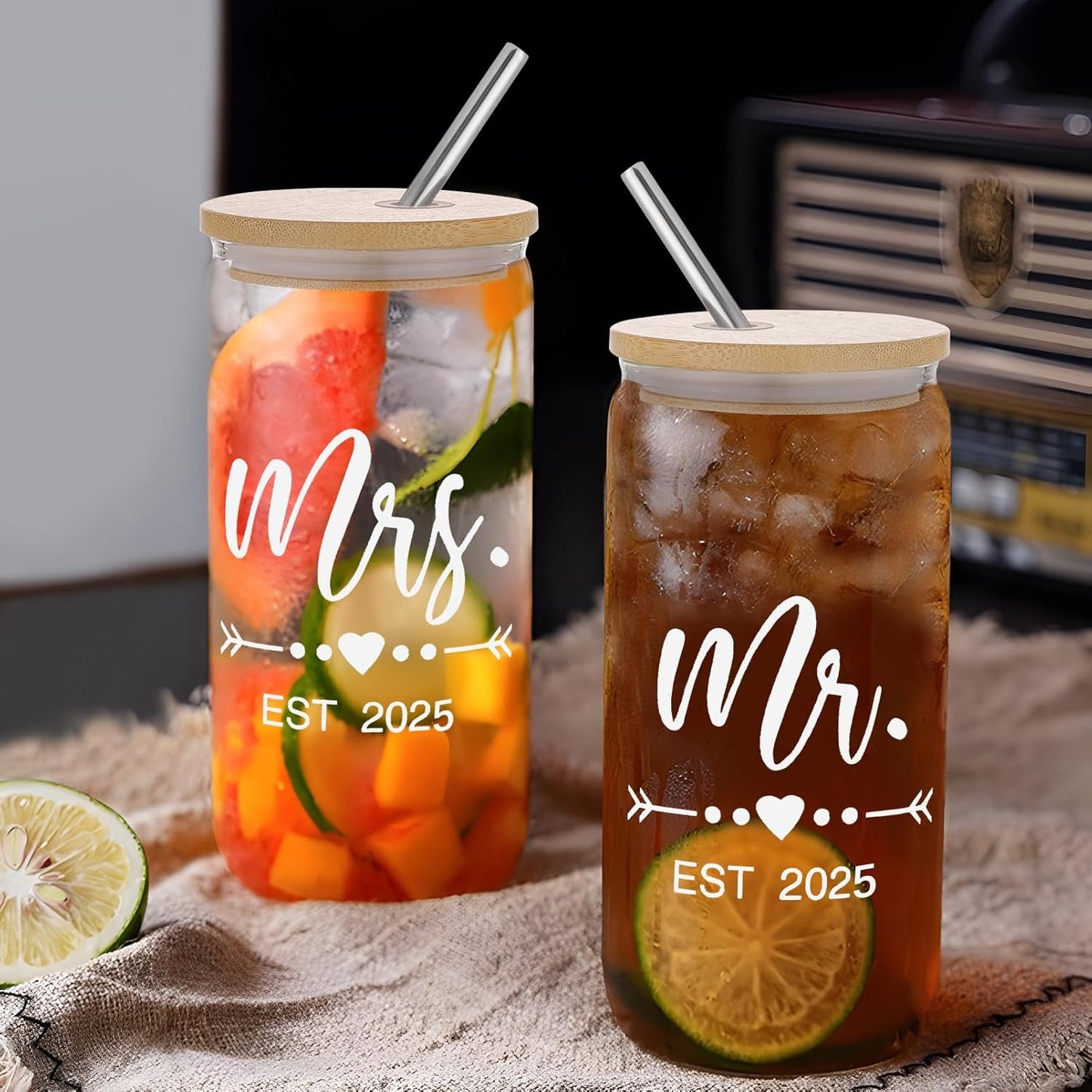 Mr & Mrs Coffee Cups 2025 Gift Set, Wedding & Engagement Gifts for Couples - His & Hers Glass Tumbler Set With Straw