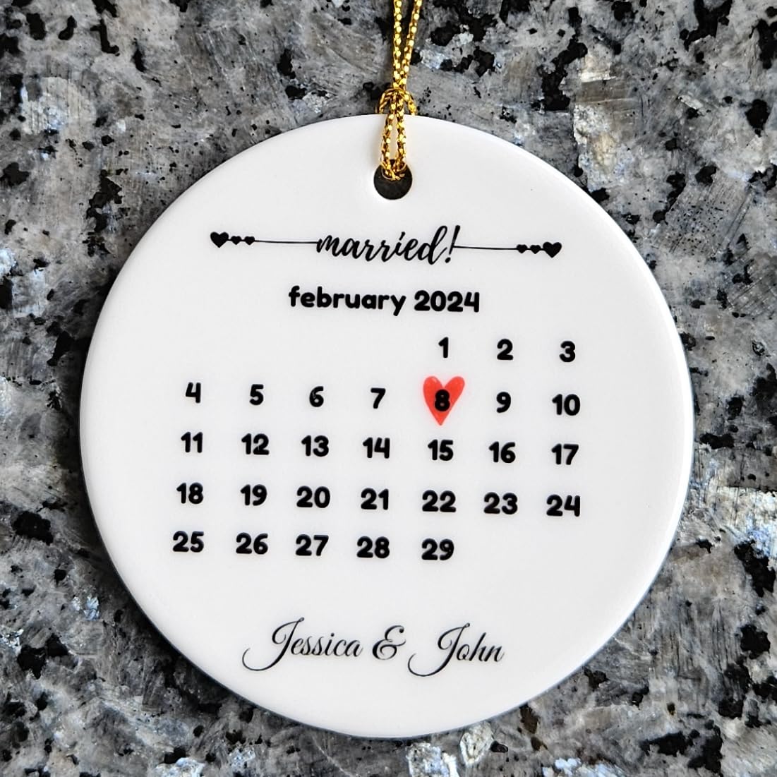 Generic Personalized Wedding & Anniversary Ornament Keepsake for Married Couples, White, ORNCB-RND-calmarried-1