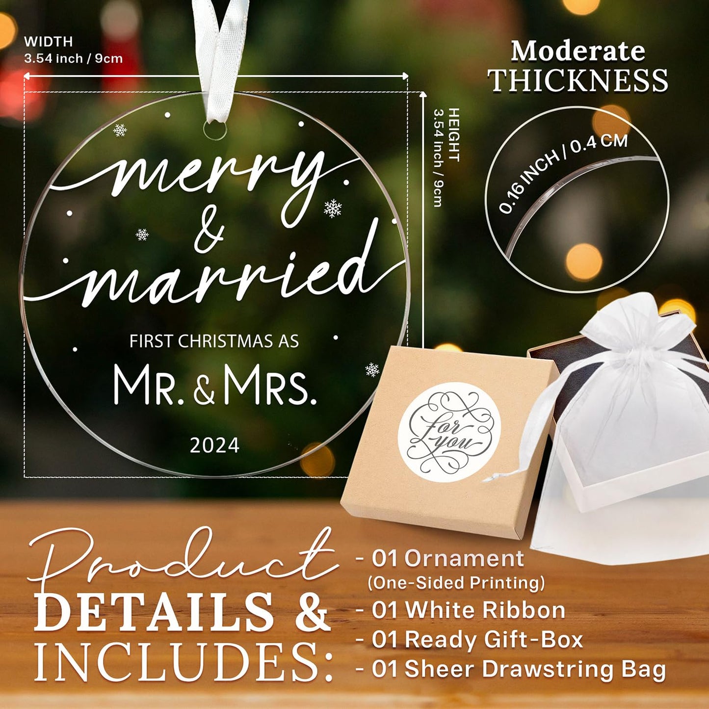 HEXMOZ First Christmas Married Ornament - Wedding Gifts for Couples - Just Married, Mr and Mrs Gift for Newlyweds, Bride Gift, Bridal Shower Gifts for Bride - Wedding Ornament