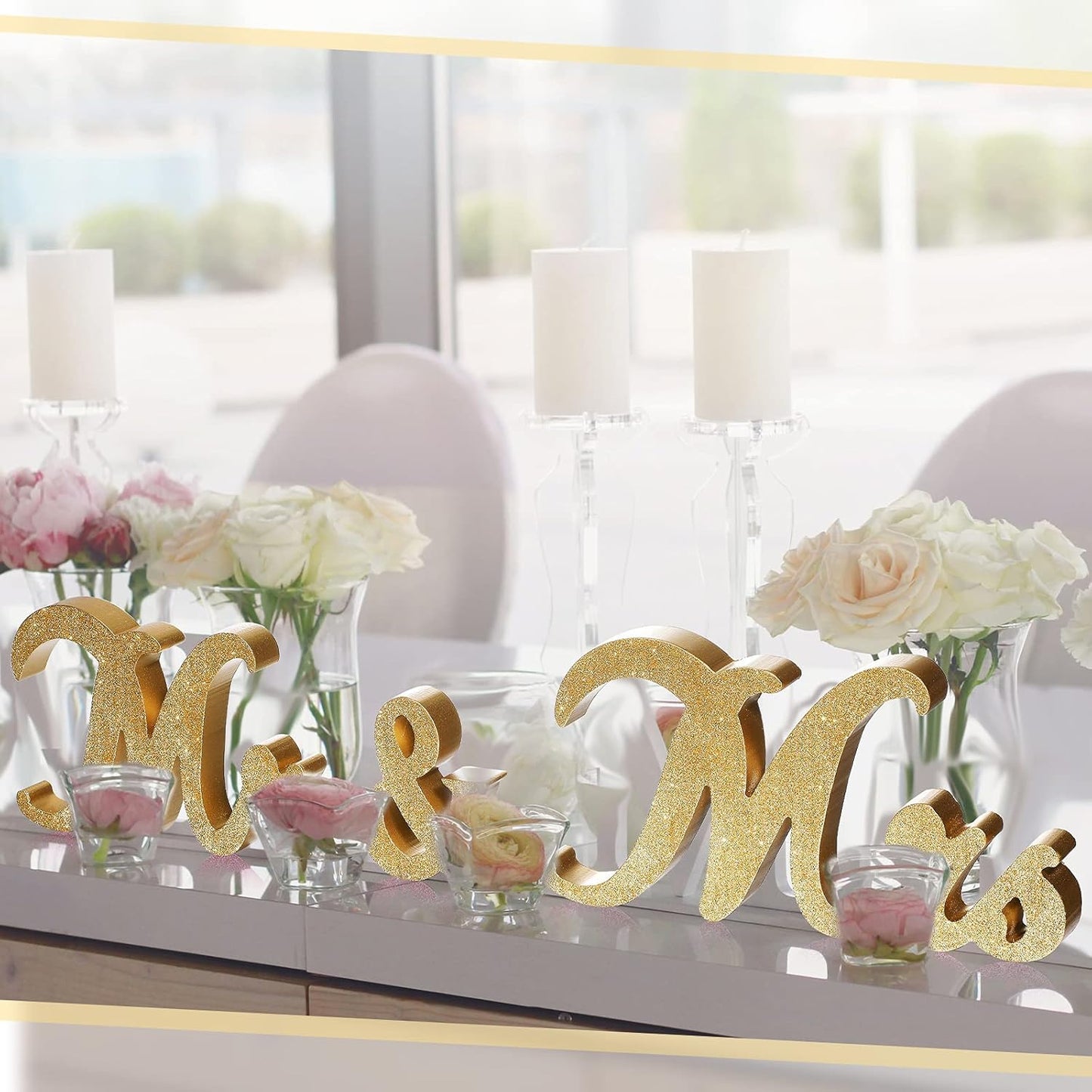 Jetec Mr and Mrs Sign Vintage Style Wooden Glitter Mr and Mrs Letters Sign Wedding Sweetheart Table Decorations for Wedding Party Photo Prop Table Decoration(Gold)