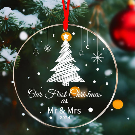 First Christmas Married Ornament 2024 Couple Gifts, 3.5inch Mr and Mrs 1st Anniversary Keepsake for Just Married Newlywed Gift